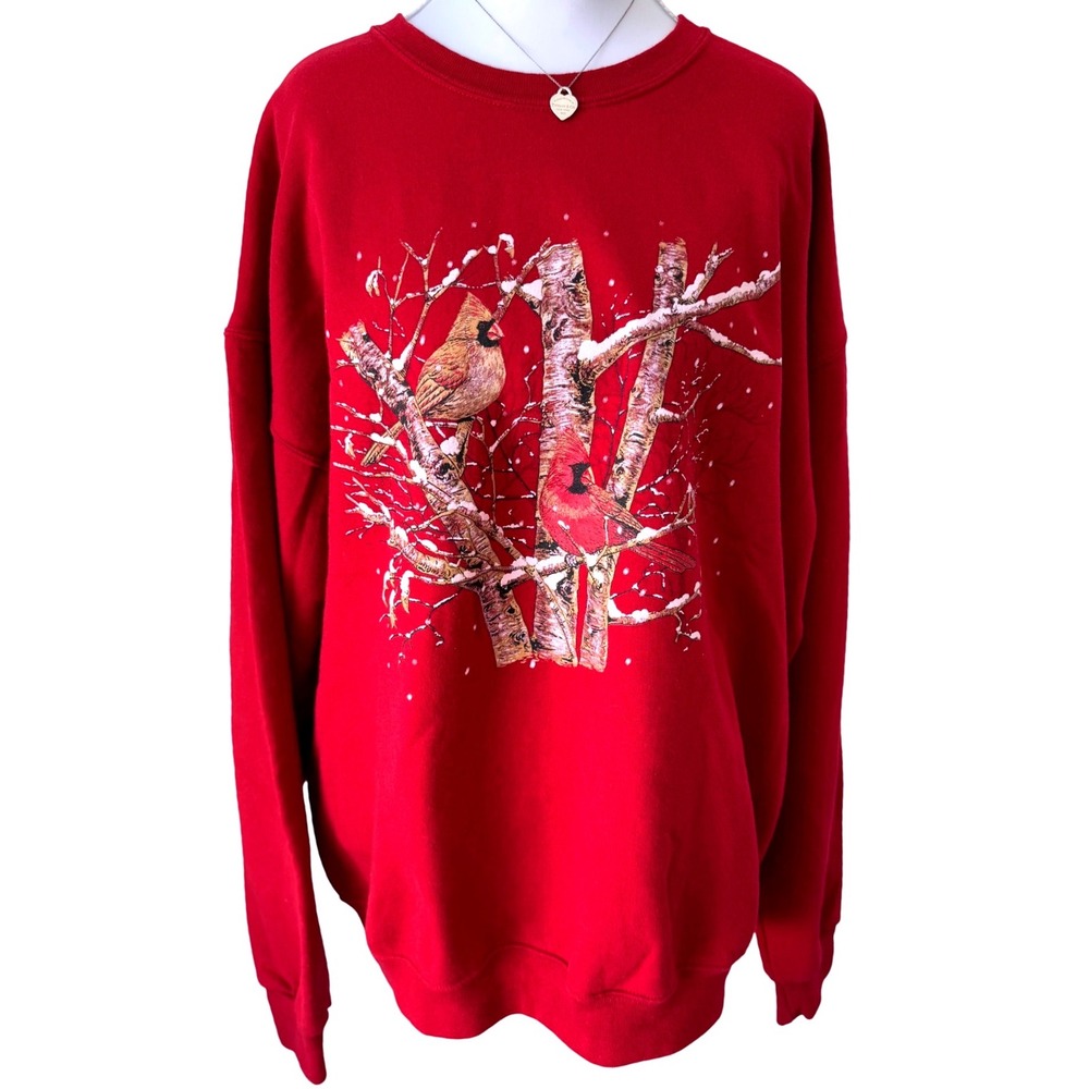 Vintage 90s Cardinal Bird Graphic Sweatshirt Red Winter Birch Tree Retro XL